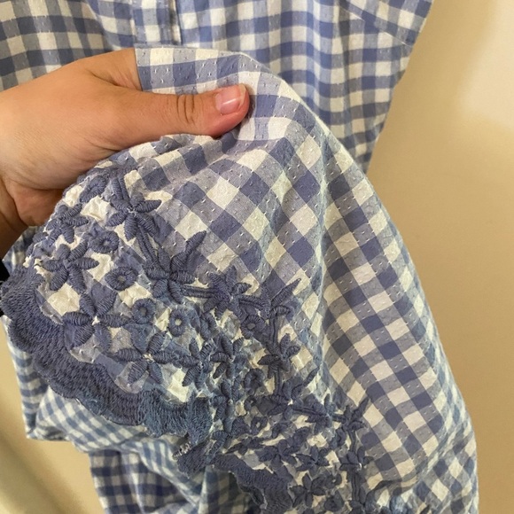 SHABBY CHIC BLUE GINGHAM EMBROIDERED LACE MAXI DRESS SHORT SLEEVE GRANDMA CORE - Picture 8 of 10